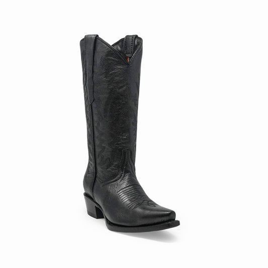 Women's black leather western boot with classic stitching and pointed toe design