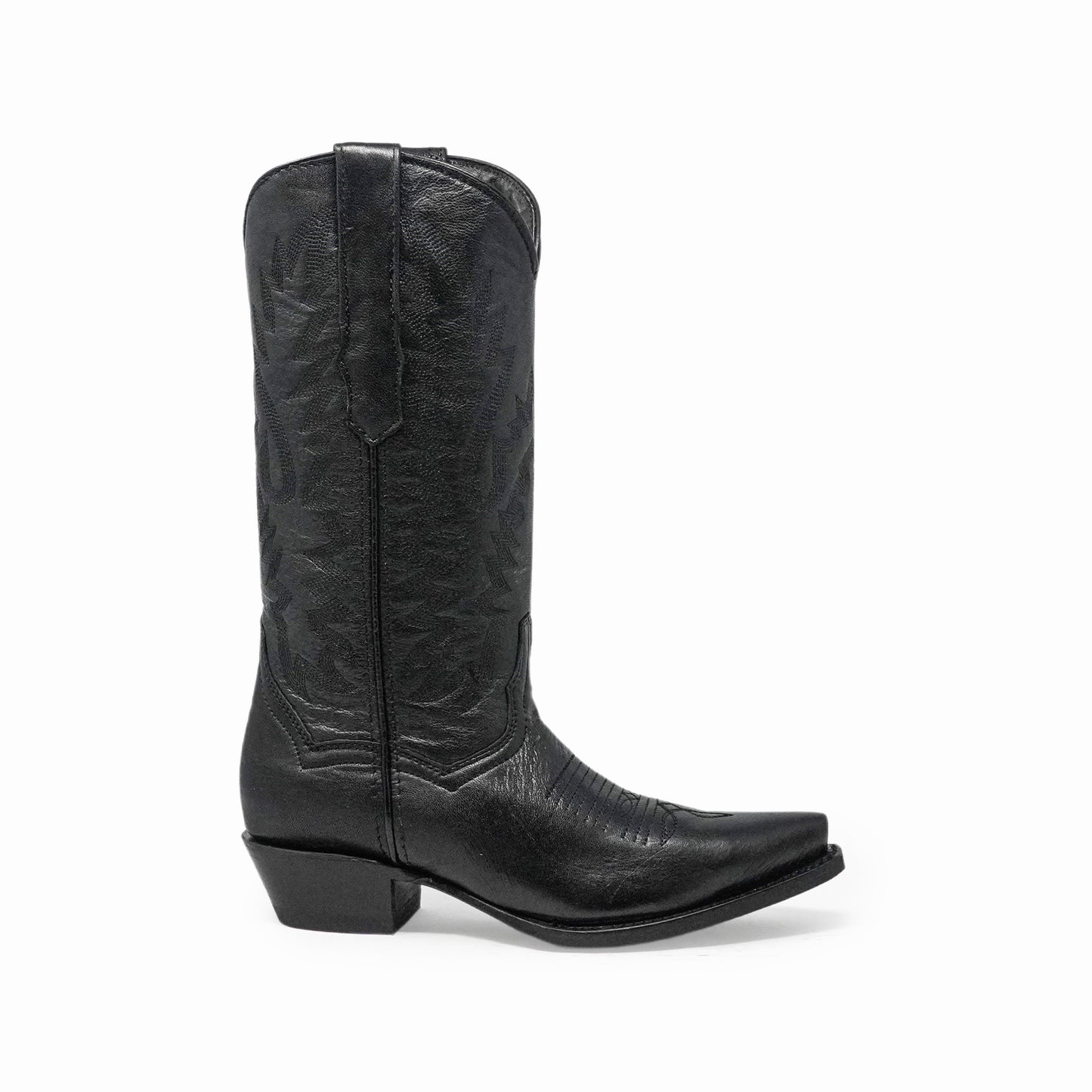 Women's black leather western boot with classic stitching and pointed toe design