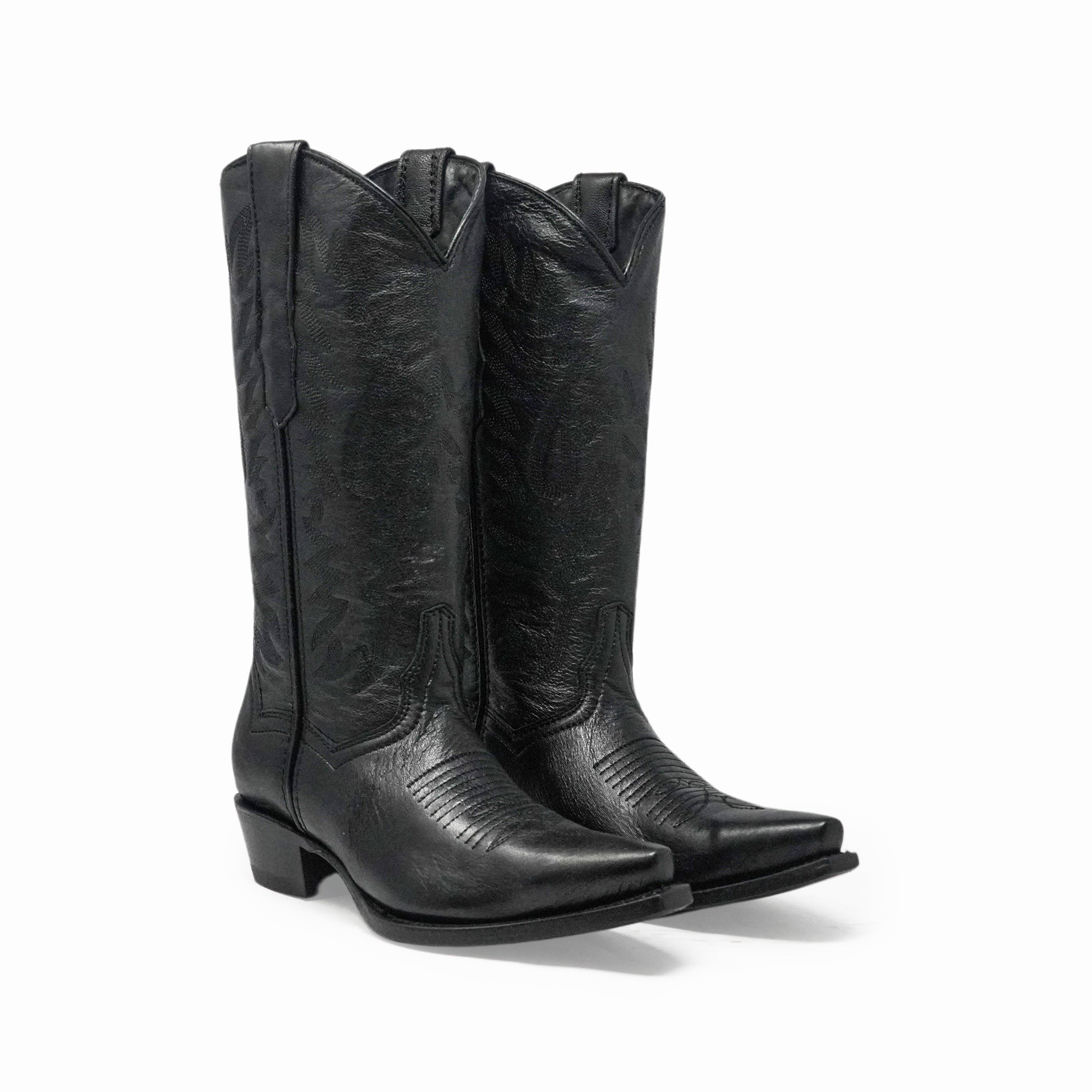 Women's black leather western boot with classic stitching and pointed toe design