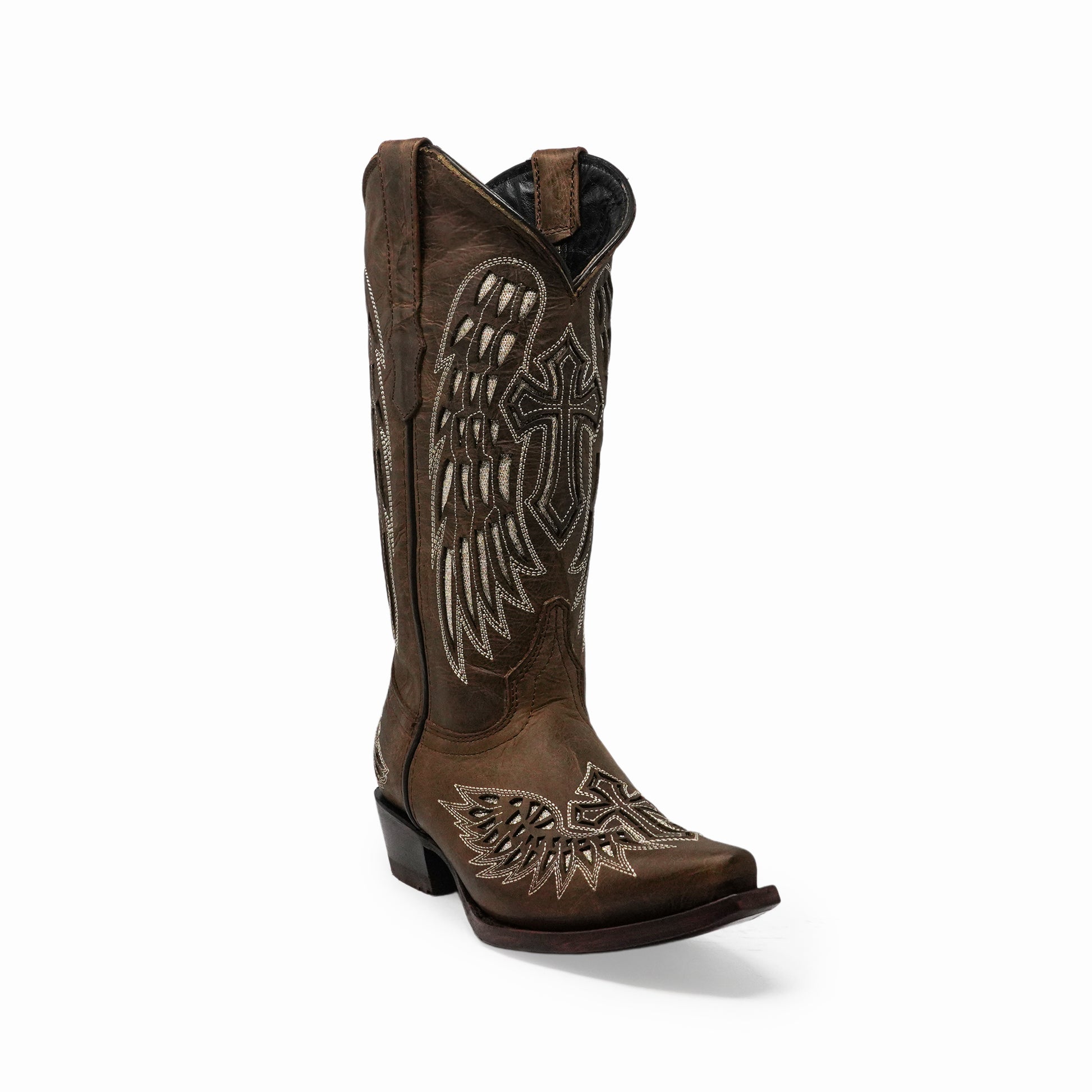 Classic brown western boot with leather finish and custom stitching details