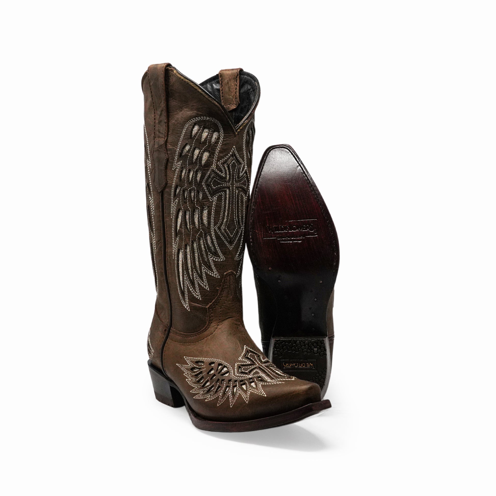 Classic brown western boot with leather finish and custom stitching details